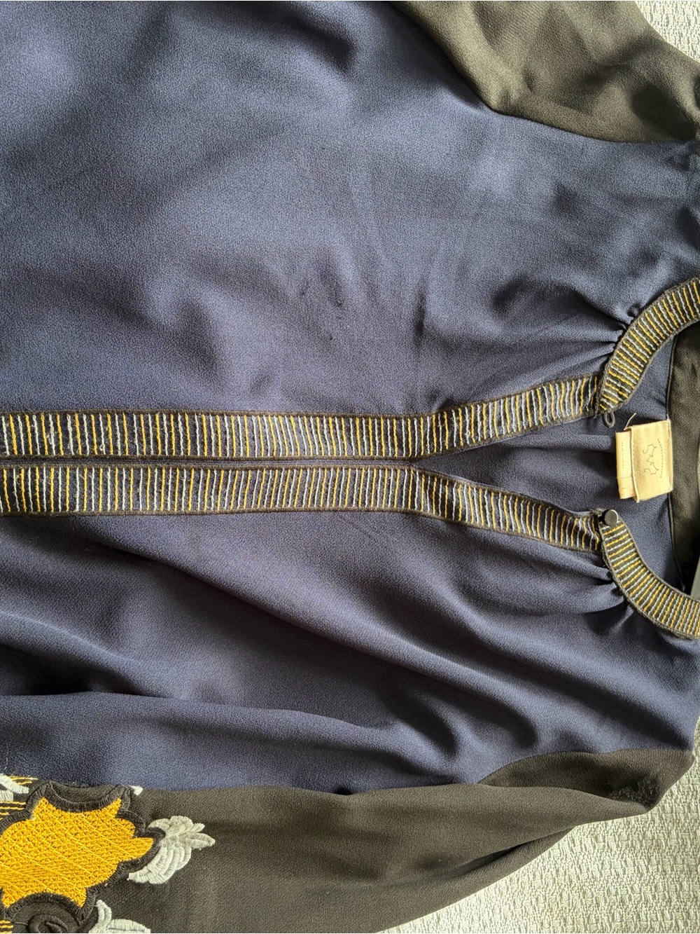 Anthropologie Navy Top with Gold-Trim Embroidered Detail